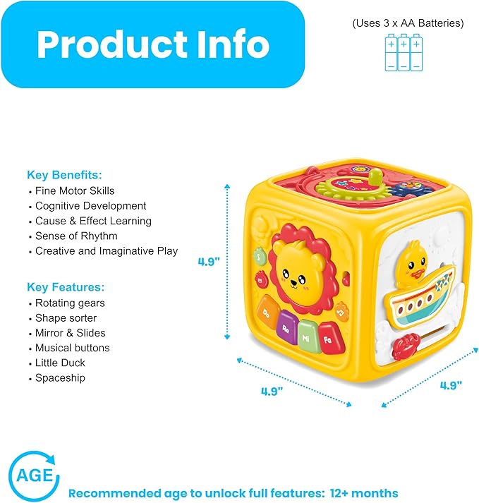 PlenPLAY 6-in-1 Activity Cube for Babies and Toddlers – Baby Toys 12-18 Months – Activity Cube for 1 Year Old – Perfect Car Seat Travel Toys for Toddlers Ages 1-3 (Color May Vary)