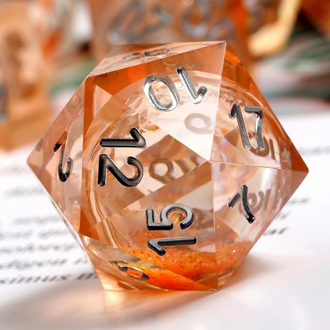Liquid Sharp Edge D&D Dice,DNDND 7PCS Liquid Filled Risin DND Dice with Gift Case for Dungeons and Dragon Game (Light Orange)
