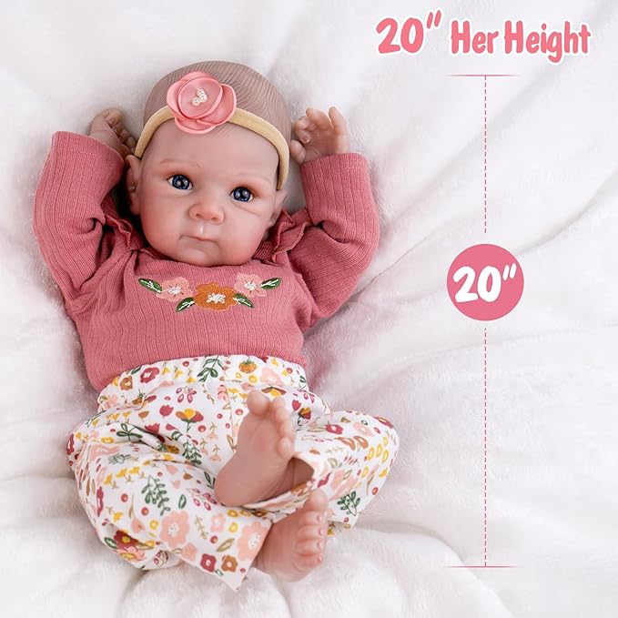 Aori Reborn Baby Dolls Girl - 20 Inch Realistic Newborn Lifelike Baby Doll with Hand-Painted Features - Weighted Cloth Body Cuddle Companion Doll with Outfits, Gift for Kids 3+ & Collectors