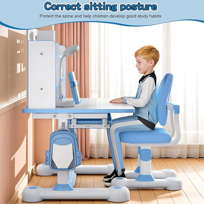 2025 NEW Kid's Study Desk and Chair Set, Ergonomic Height Adjustable Children Study Desk with Tilt Desktop, Book Stand, Light, Metal Hook and Storage Drawer,Gift for Boys Girls (Blue 119cm lean)