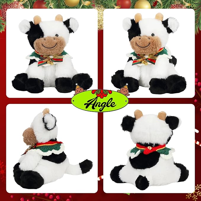 Hopearl Adorable Christmas Plush Cow Toy Floppy Dairy Cattle Soft Stuffed Animal Cute Xmas Gifts for Boys Girls Kids Toddlers, 9''