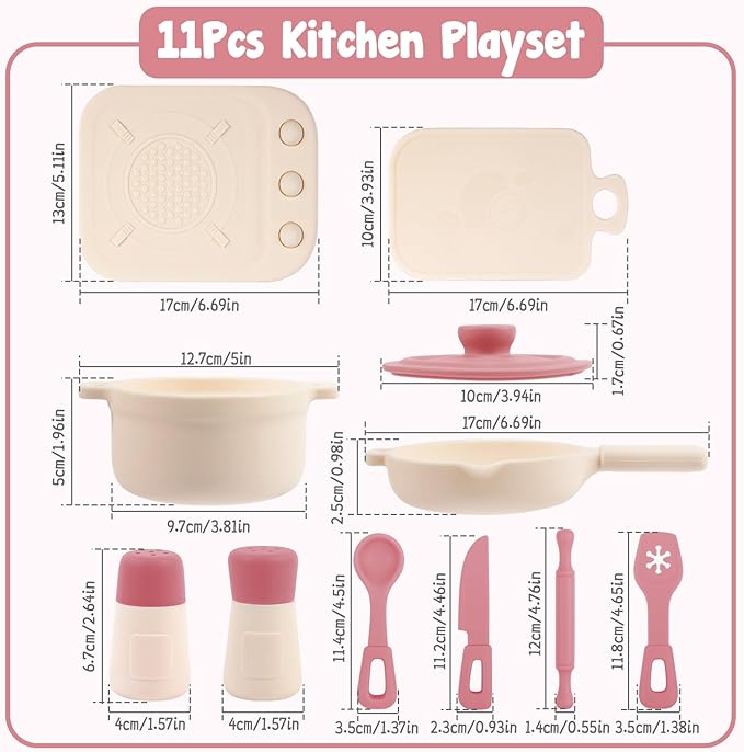 TYRY.HU Play Kitchen Accessories, 11Pcs BPA Free Silicone Pretend Play Food Sets, Play Kitchen Set,Play Kitchen Cooking Utensils Pots & Pans, Pretend Role Play Cooking Toys Gifts for Toddlers 1-3,Pink