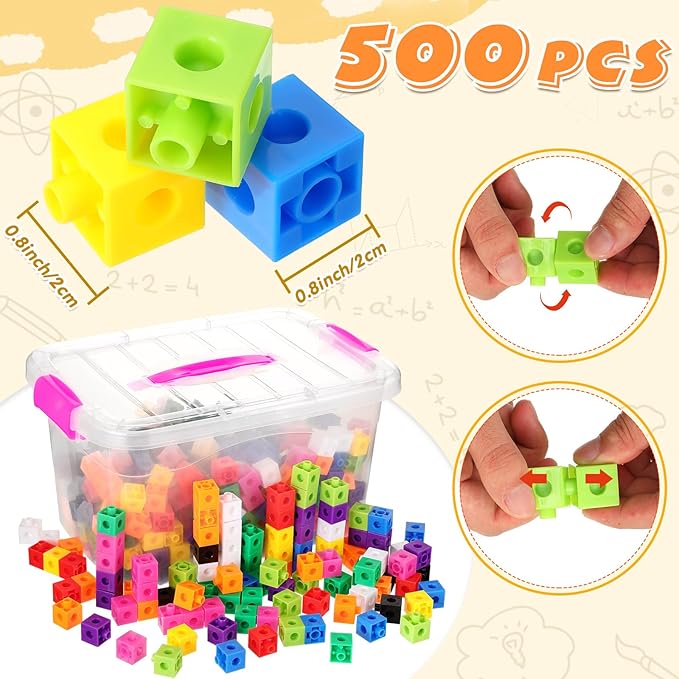 Jenaai 500 Pcs Math Learning Linking Cube with Storage Container Counting Cubes, Colorful Plastic Counting Blocks, Manipulatives Classroom Learning Supplies for Educational(Pink)