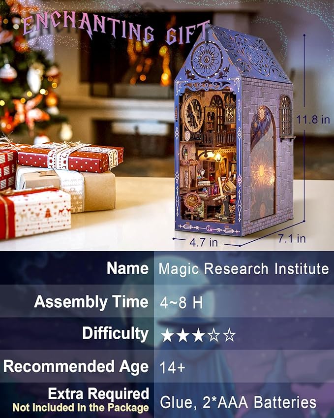 Book Nook Kit Magic Research Institute, DIY Miniature Booknook House Kit for Adults with LED Lights, 3D Wooden Puzzle Bookshelf Insert Decor, Magical Gift for Women Men Teens and Family