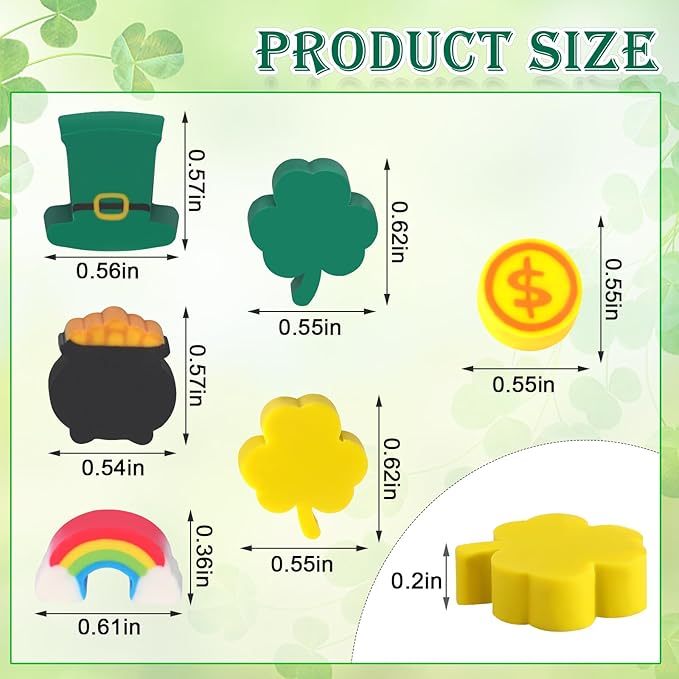 JUNEBRUSHS Erasers for Kids, 150Pcs St. Patrick's Mini Erasers Cute Pencil Erasers Shamrocks Erasers for Kids Bulk School Classroom Prizes Homework Rewards Party Favors
