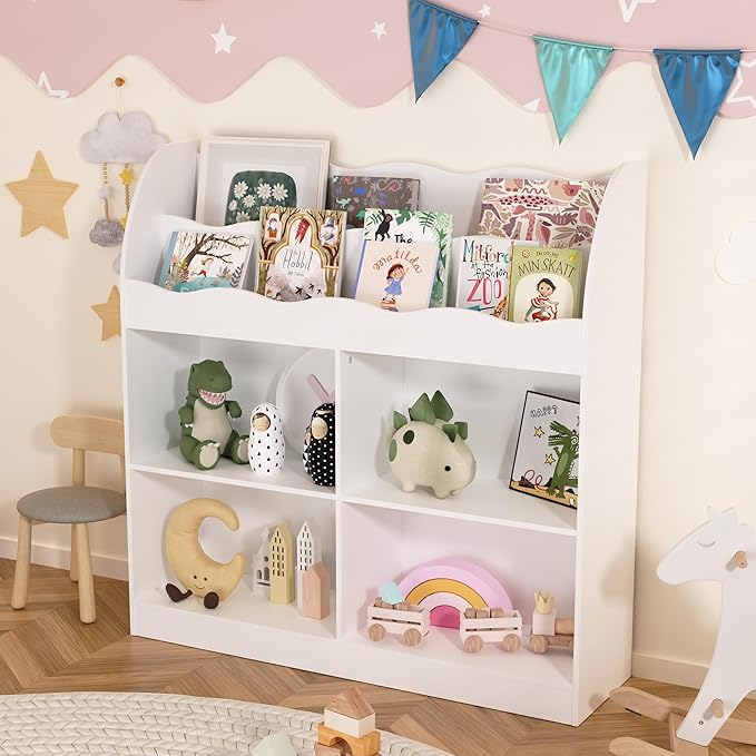 MHOM White Kids Bookshelf, Toy Storage Organizer with Book Rack and 4 Storage Cubbies, Wooden Kids Bookcase, Toy Organizers and Storage for Nursery, Playroom