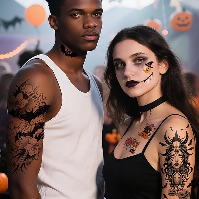 77 PCS Halloween Temporary Tattoos Adult Kids, 17 PCS Half Sleeve Pumpkin Bat Crow Witch Skull Fake Tattoos, 60 PCS Spider Cat Ghost Scar Tiny Realistic Face Body Tattoos Stickers