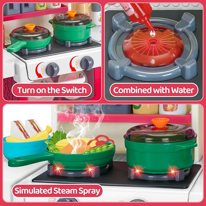 Red Kids Play Kitchen Set, Toddler Kitchen Playset with Sound & Light, Cooking Stove with Steam, Play Sink, Play Food Toy and Kitchen Accessories, Kitchen Toy for Kids Girls Boys - Red