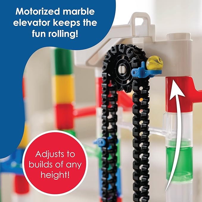 MindWare Colossal Elevator Marble Run – 400-Piece Marble Maze Building Toys Set with Unique Marble Track Pieces, 150 Tubes, 9 Funnels, 50 Marbles and More with Wheeled Storage Bin