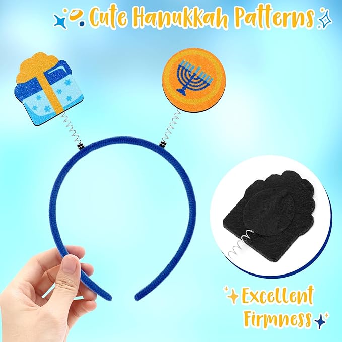 CiyvoLyeen Hanukkah Headbands 8 Pcs Gnome Menorah Dreidel Decorations Festive Head Hat Toppers Photo Booth Chanukah Party Favors Supplies Gifts Blue