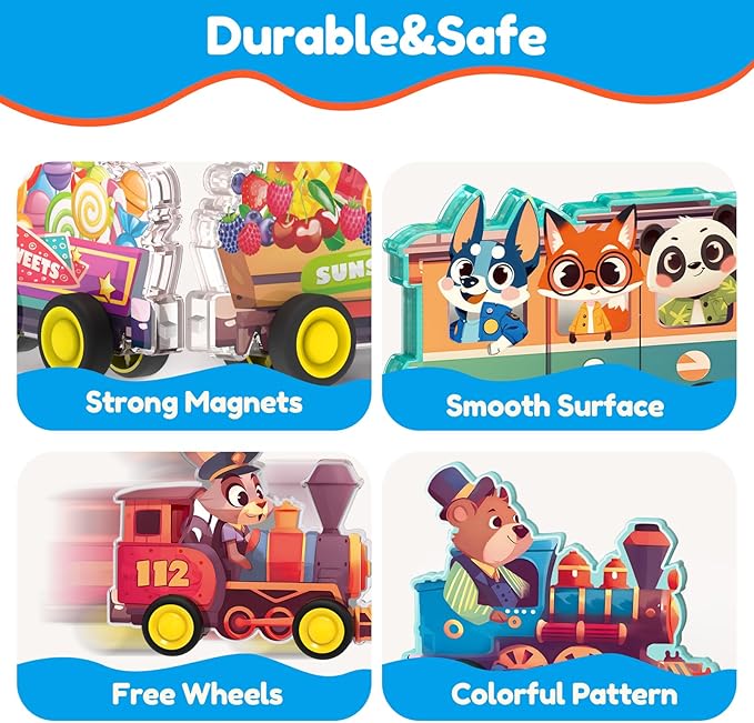 Oriate Rolling Magnet Train Set for Magnetic Tiles, 5pcs Magnet Tiles Toy Train for Road Magnetic Tiles, Free Wheel Animal Vehicles for City Magnetic, Kids Christmas Town Magnetic Tile Accessory
