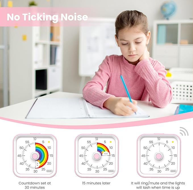 Visual Timer for Kids with Pause Function, Cute Silent Timer with Rainbow for Classroom, Teaching, Task, Kitchen, 60 Minute Countdown Time Management for ADHD (Rainbow Pink)