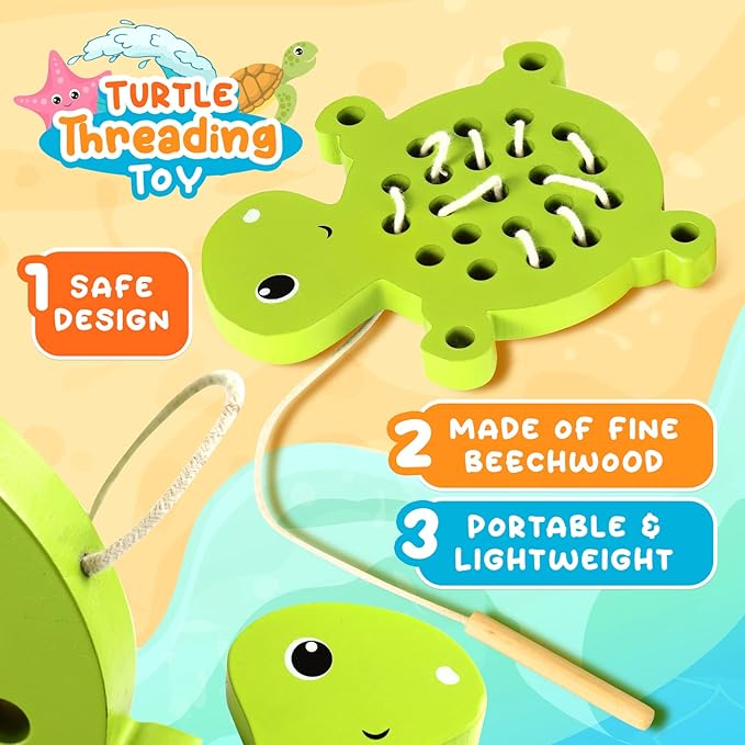 KLT Wooden Lacing Toys for Toddlers Fine Motor Learning, 1 Turtle 1 Starfish Wood Puzzle Preschool Educational Toys, Montessori Gifts for Kids 3-5
