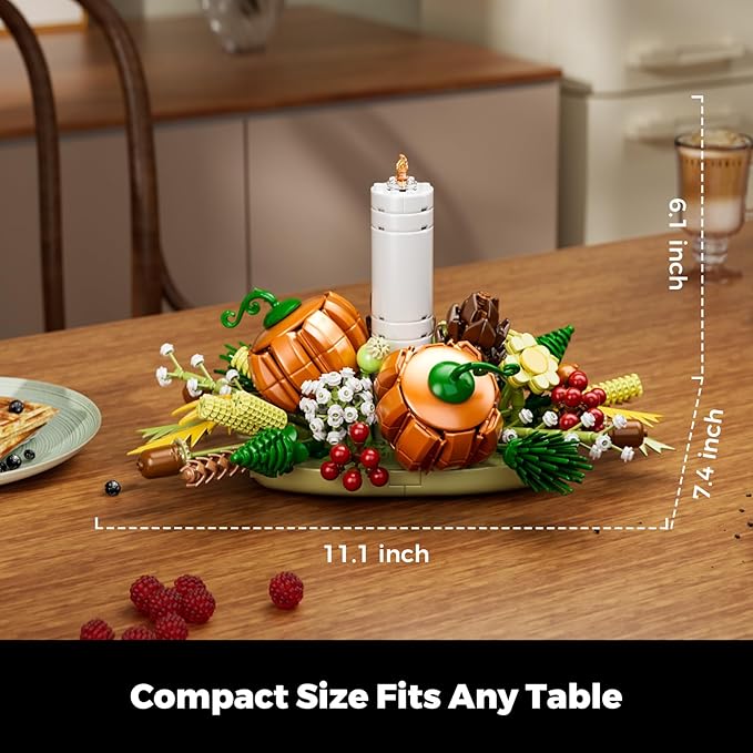 Fall Harvest Building Blocks Set – DIY Autumn Dinner Table Centerpiece Decor with White Candle, Pumpkin, Pinecones, Berries, Wheat, Thanksgiving, Halloween and Christmas Decoration (832 Pieces)