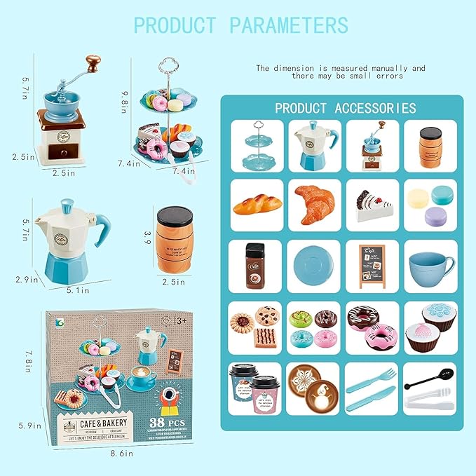 Pretend Tea Party Set for Little Girls, 41 PCS Coffee Maker Set and Play Food Dessert Set for Kids Age 3 4 5 6 7 8 9, Kids Kitchen Pretend Play for Princess Girls Boys