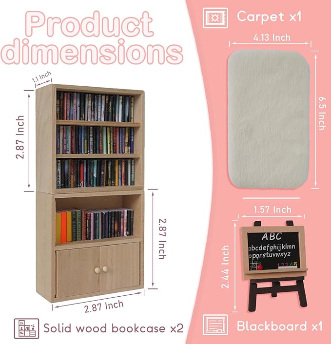 1:12 Scale Dollhouse Bookshelf Set - 2 Mini Wooden Bookshelves, 100+ Blank Mini Books & Art Studio Accessories for Creative Educational Gift for Kids, Collectors (Dollhouse Furniture & Accessories)