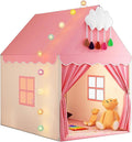 Pink Kids Play Tent with Mat, Cloud and Ball Lights Large Playhouse for Children and Girls Princess Castle Tent for Bed- Indoor & Outdoor Toddler Camping Tent(Cloth Door & Metal Rack)