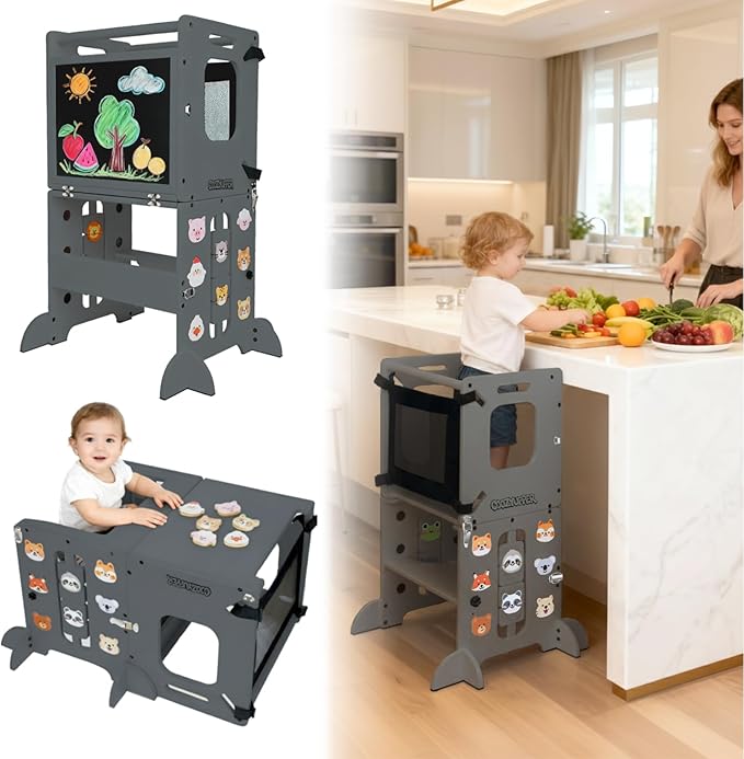 Toddler Kitchen Stool Helper, CPC Certified Foldable Toddler Tower, Learning Wooden Tower with Support Feet and Chalkboard, Anti-Drop Structure, Safe Design for Kids, Grey