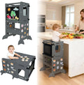 Toddler Kitchen Stool Helper, CPC Certified Foldable Toddler Tower, Learning Wooden Tower with Support Feet and Chalkboard, Anti-Drop Structure, Safe Design for Kids, Grey