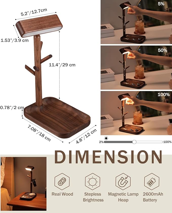 Wooden Table Lamp Tree Trunk Wood Column Rechargeable Led Desk Lamps Magnetic 360°Rotate Battery Powered Wall Night Lights for Bedside Living Edge Table (Black Walnut)