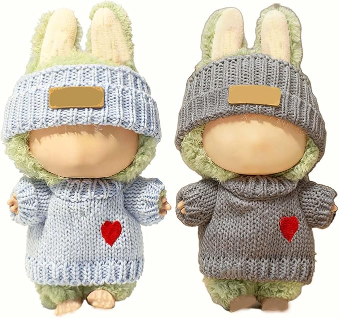 2 Sets for Clothes 17cm/15cm Outfits (4 Pieces) Accessories Handcrafted Crochet Doll Clothes for Fashion Designer Ropa Collection with Hats & Sweater Blue&Grey