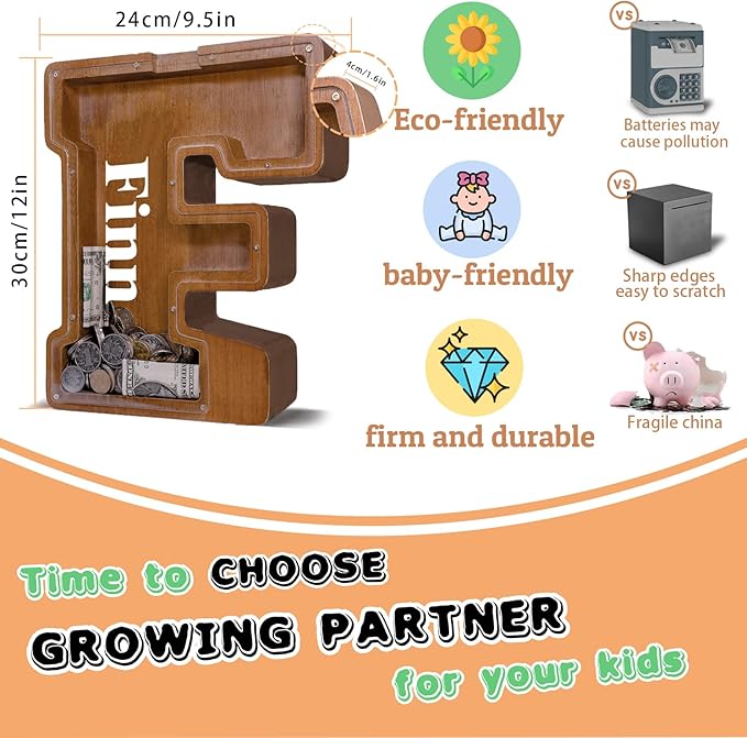 Wooden Letter Piggy Bank for Kids Larger Letter Piggy Bank for Boys and Girls Personalized Piggy Bank Initial Coin Bank Wood Kids Money Bank for Birthday and Festival