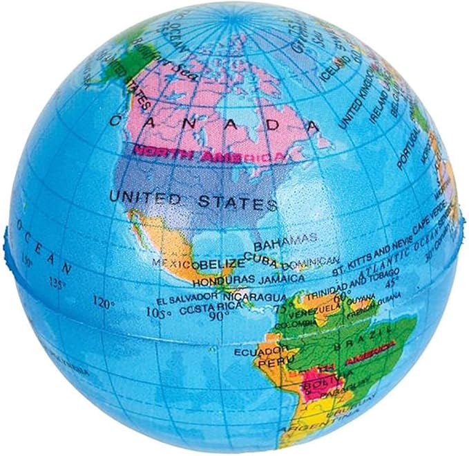The Dreidel Company World Globe Squeeze Ball Bunch Stress Ball, Planet Soft Foam Stress & Anxiety Relief Toy, Planet Earth, 3" Inches - (Pack of 6)