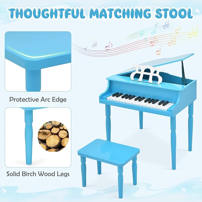 Goplus 30-Key Classical Kids Piano, Mini Grand Piano Wooden Learn-to-Play Musical Instrument Toy with Bench, Piano Lid, Music Rack, Gift for Boys Girls Aged 2+ Baby Toddler (4 Straight Leg-Blue)