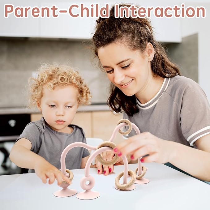 Baby Sensory High Chair Suction Toys for Infant Toddlers 6 12 18 24 Months Gifts, Food Grade Silicone String with Oak Loop Montessori Educational Baby Bath Toy (Pink)