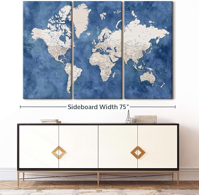 ElephantStock Detailed World Map With Cities I Wall Art - Horizontal Canvas - 3-Piece Living Room Decor - Watercolor Map Canvas Print - Beige and Blue Wall Decor by Blursbyai - 74" X 48"