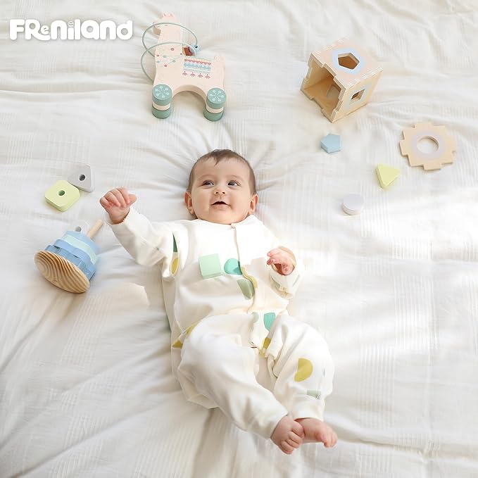 Freniland Montessori Toys for 1 Year Old，3-in-1 Wooden Baby Toys，Wooden Stacking Toy，Toddler Shape Sorting Cube, Llama Ring Toy,Newborn Baby Gift Sets for Boys and Girls