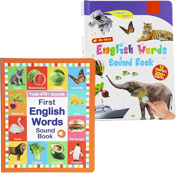 My First English Words Sound Book Toy, English Learning Talking Book for Kids 2 - 6 Years Old, Interactive Electronic Audio Toddler Books, 470+ Words, 21 Themes, Press to Learn Phonics (Two-Book Set)