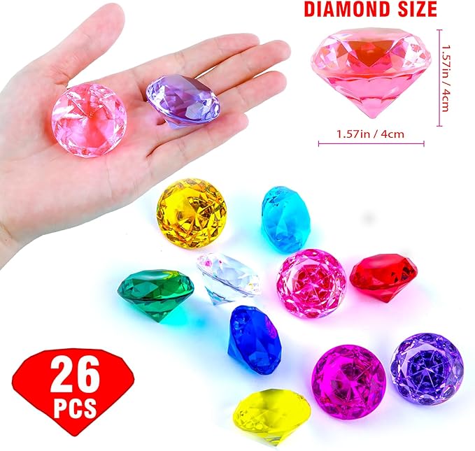 Niceup 26PCS Pink Acrylic Diamond Big Gemstones 1.5in Princess Pirate Mermaid Swimming Pool Party Favors Fake Gems Jewels Treasure Hunt Hiding Sensory Bin Filler Toys Craft Supplies