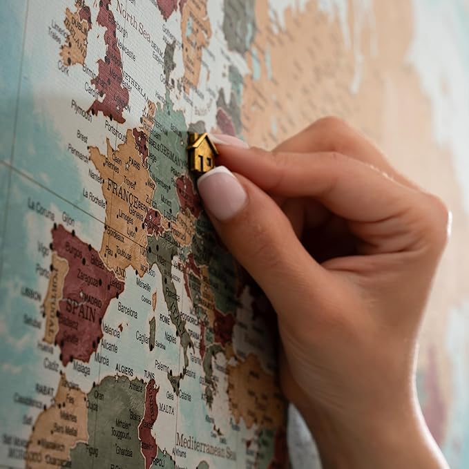 Canvas World Map with Cork Pin Board - English Lettering - Decorative Wall Decoration for All Rooms - Canvas Pictures with World Map Motif (70x50 cm, Pattern 11)