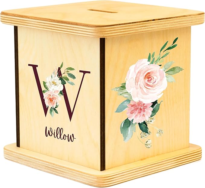Wooden Piggy Bank for Kids and Adults, Personalized Gift Handmade in USA by BloomOwl, Custom Piggy Bank, Personalized Banks for Kids, Gifts for Baby Boys and Girls (Floral Initial)