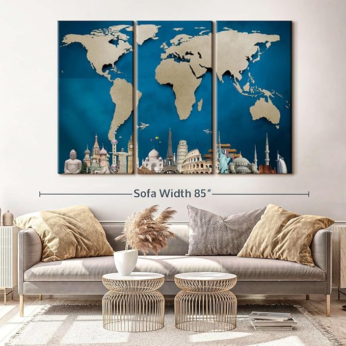 ElephantStock Ocean Blue World Map Multi Piece Canvas - 3 Panel Wall Decor - Map of the World Art - Canvas for the Office and Home - 74" X 48"