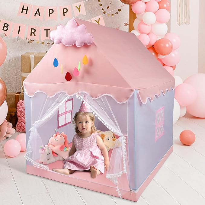 Kids Tent Play Tents for Toddler Children Indoor and Outdoor Large Pink Girls Princess Playhouse Castle with Windows Clouds and Flags Kids Room Furniture 40" L × 48" W × 52" H