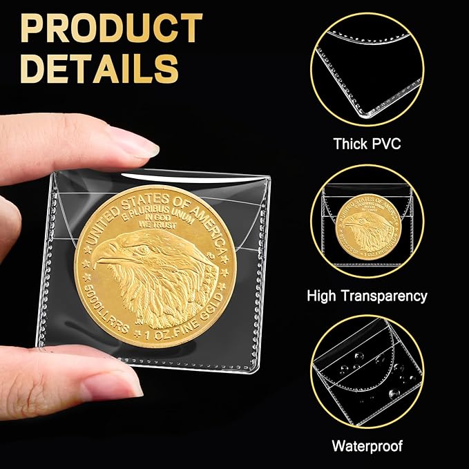 50PCS Single Pocket Coin Sleeves, 2.2 x 2.2 Inches Clear Plastic Holders, Individual Protectors, Small Pouches for Currency Bills Collectors
