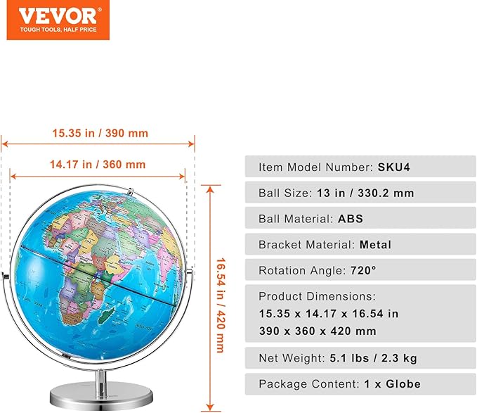 VEVOR Rotating World Globe with Stand, 13 in/330.2 mm, Educational Geographic Globe with Precise Time Zone ABS Material, 720° Spinning Globe for Kids Children Learning Classroom Geography Education