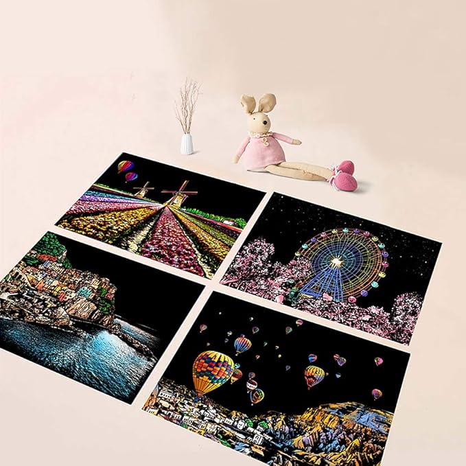 M MUGIT Scratch Art for Adults Kids, Rainbow Painting Night View Scratchboard(A4), Crafts Set: 8 Sheets Scratch Cards with 6 Tools in Bag - New York, Statue of Liberty, Cinque Terre(America/Europe)
