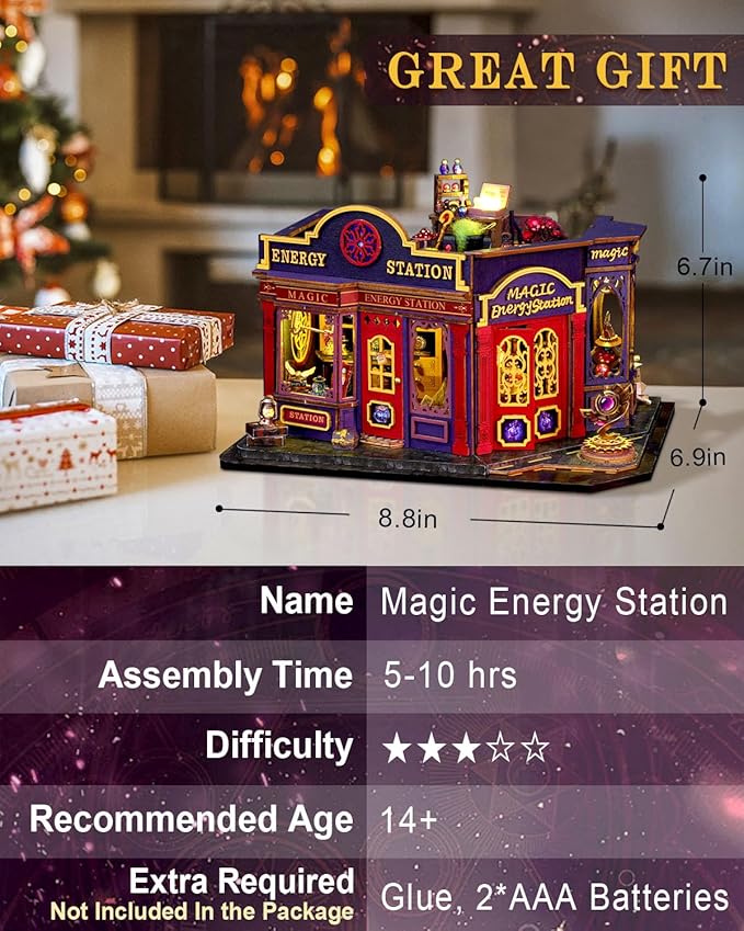 Miniature House Kit Magic Energy Station, DIY Dollhouse Kit for Adults & Teens, Tiny House Craft Decor with LED Lights, Wooden Mini Model Gift for Birthdays & Holidays
