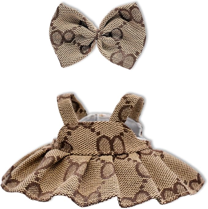 Clothes Compatible with 17cm Dolls, Premium Dolls Accessories 2 Piece Set Including Chic Grid Spaghetti-Strap Dress and Bow, High-End Fashion Outfit for Play & Display - Brown