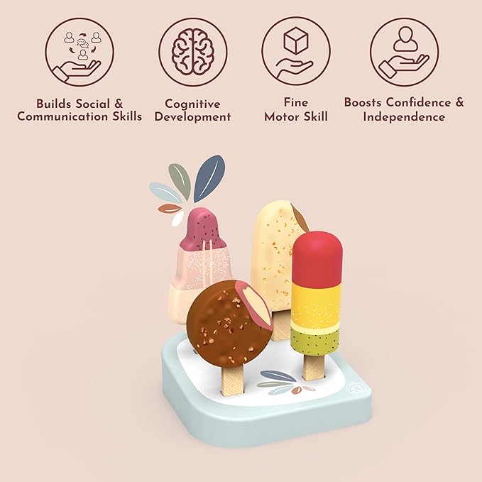 Speedy Monkey Wooden Ice Cream Bar Stand with 4 Treats – FSC Certified Popsicle & Gelato Pretend Play Dessert Counter for Kids, Sweet Food Role Play Toy for Toddlers, Boys & Girls, Ice Cream Cart Set