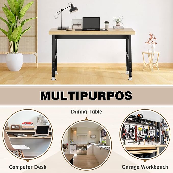 48" Adjustable Height Workbench, Heavy-Duty Work Table, Chipboard Top Wooden Workbench for Garage, Workshop, Office