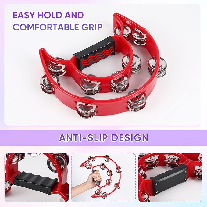 Tambourine Musical Instrument for Adults - 10 Inch Tambourines Half Moon with Egg Shakers Double Row Metal Jingles Handheld Percussion Instruments for Church Dance Party Events KTV (Red)
