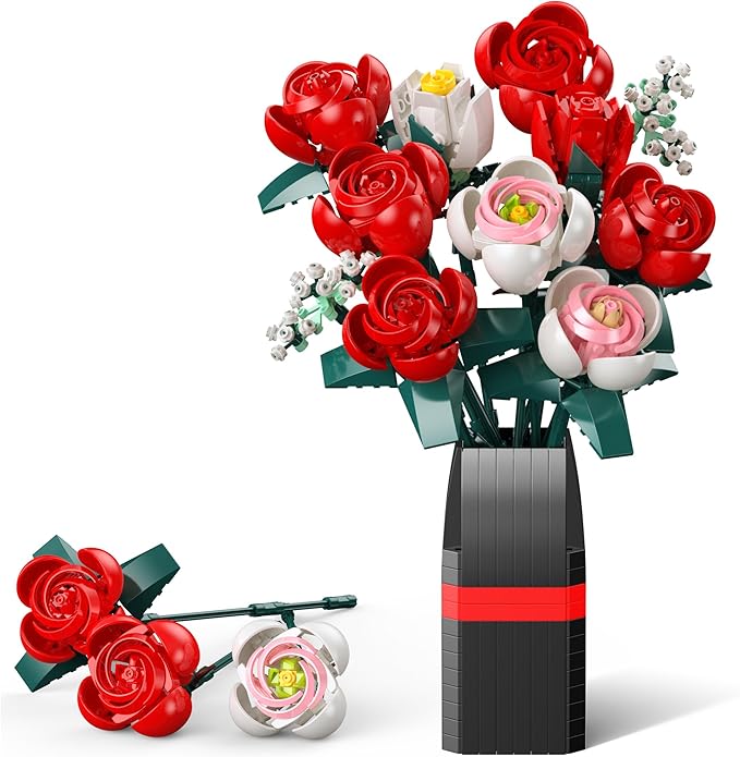 Flowers Bouquet Building Set, Roses Building Set with Vase, Home Office Creative Decoration, Valentine Day, Birthday, Christmas Ideal Gift for Kids, Adults - 841Pcs