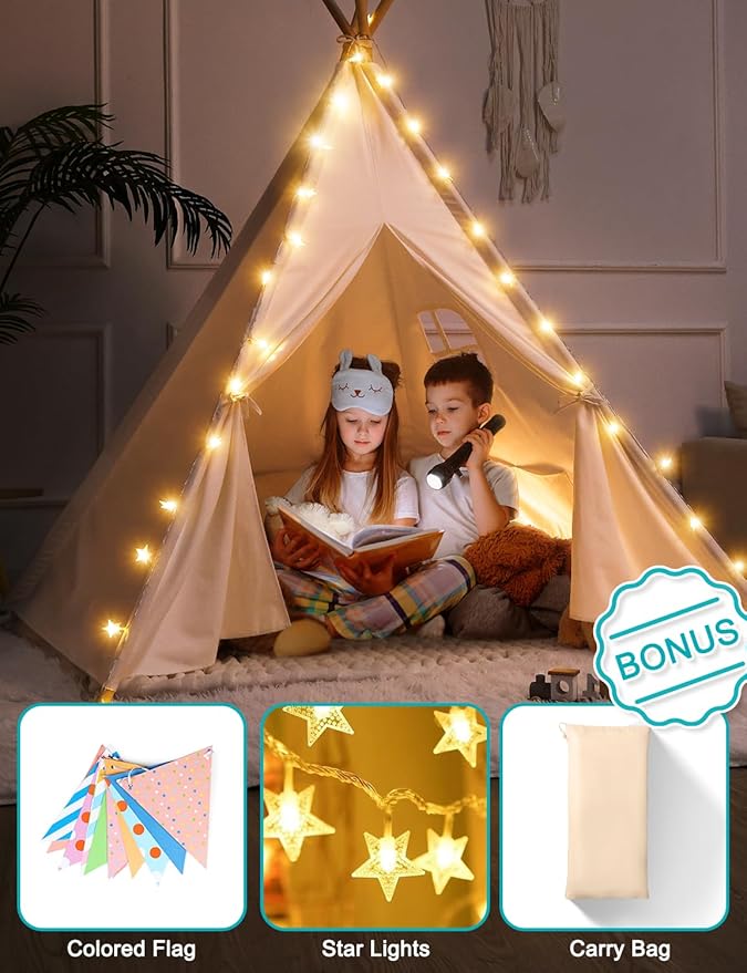 Sumbababy Teepee Tent for Kids Tipi Tent Indoor - Cotton Canvas Kid Tents for Inside with Light & Flag- Foldable Toddler Play Tents for Girls & Boys Slumber Party - Washable Boho Play House Gift Toys