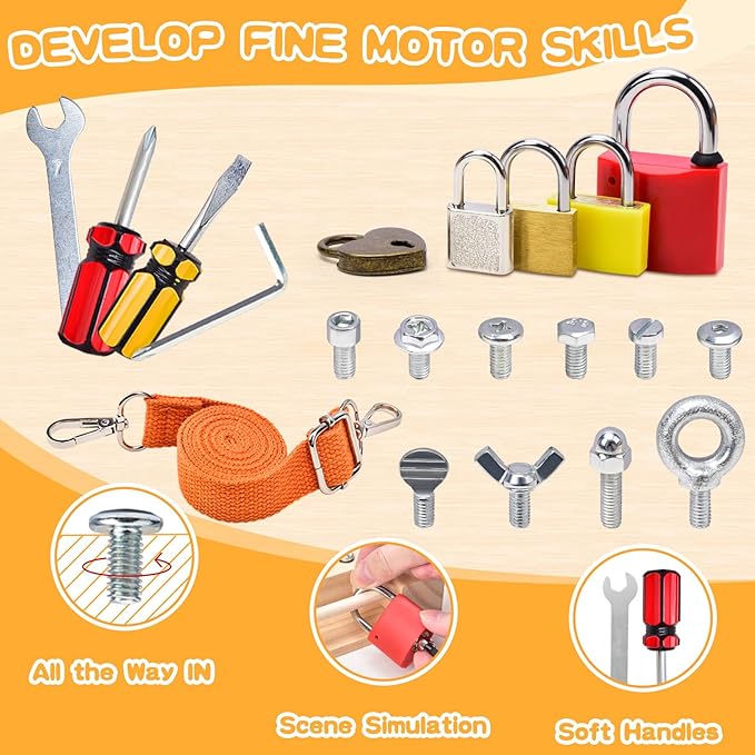 Screwdriver Board-Montessori Toy Lock and Key Toy Set for Kids, Storage Wooden Tools Preschool Sensory Toys for 3 +Year Old