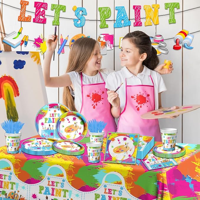 Paint Party Supplies, 142 Pcs Art Paint Party Tableware Set Include Paint Party Plates and Napkins,Art Tablecloths,Paint Banner,Cups,Art Birthday Party Decorations for Kid, Teens and Adults,Serves 20