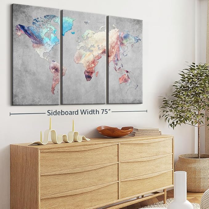 ElephantStock Artistic Touch World Map Multi Piece Canvas - 3 Panel Wall Decor - Map of the World Art - Canvas for the Office and Home - 74" X 48"